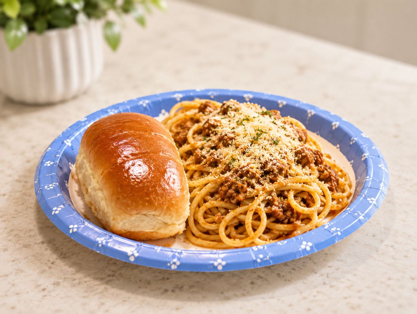 Spaghetti and dinner roll catering plate