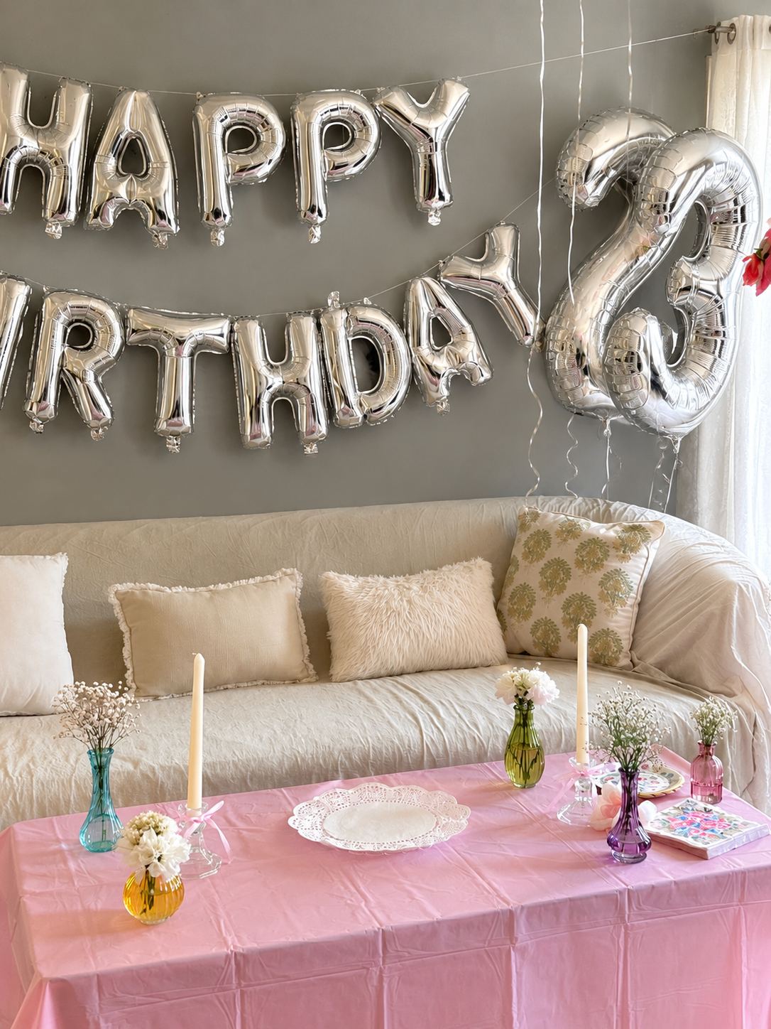 Silver Happy Birthday balloon backdrop
