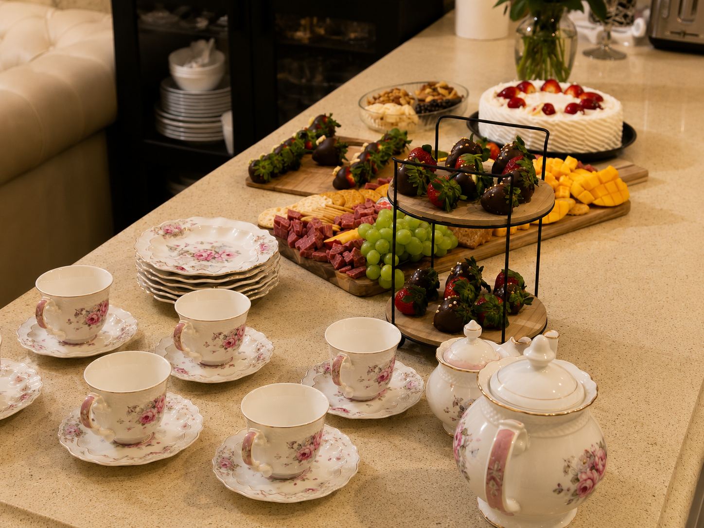 High tea dessert and strawberry setup